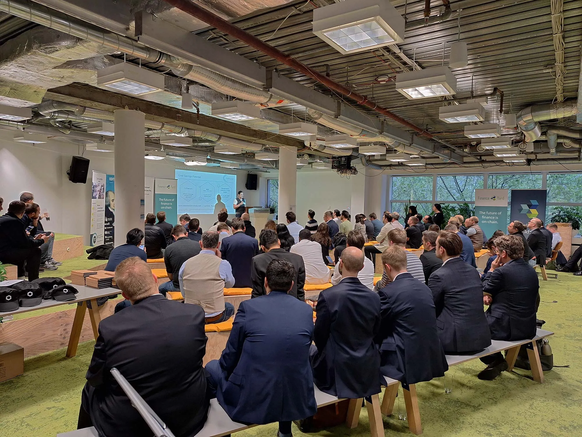 The audience at a talk at a business event in TechQuartier, Frankfurt
